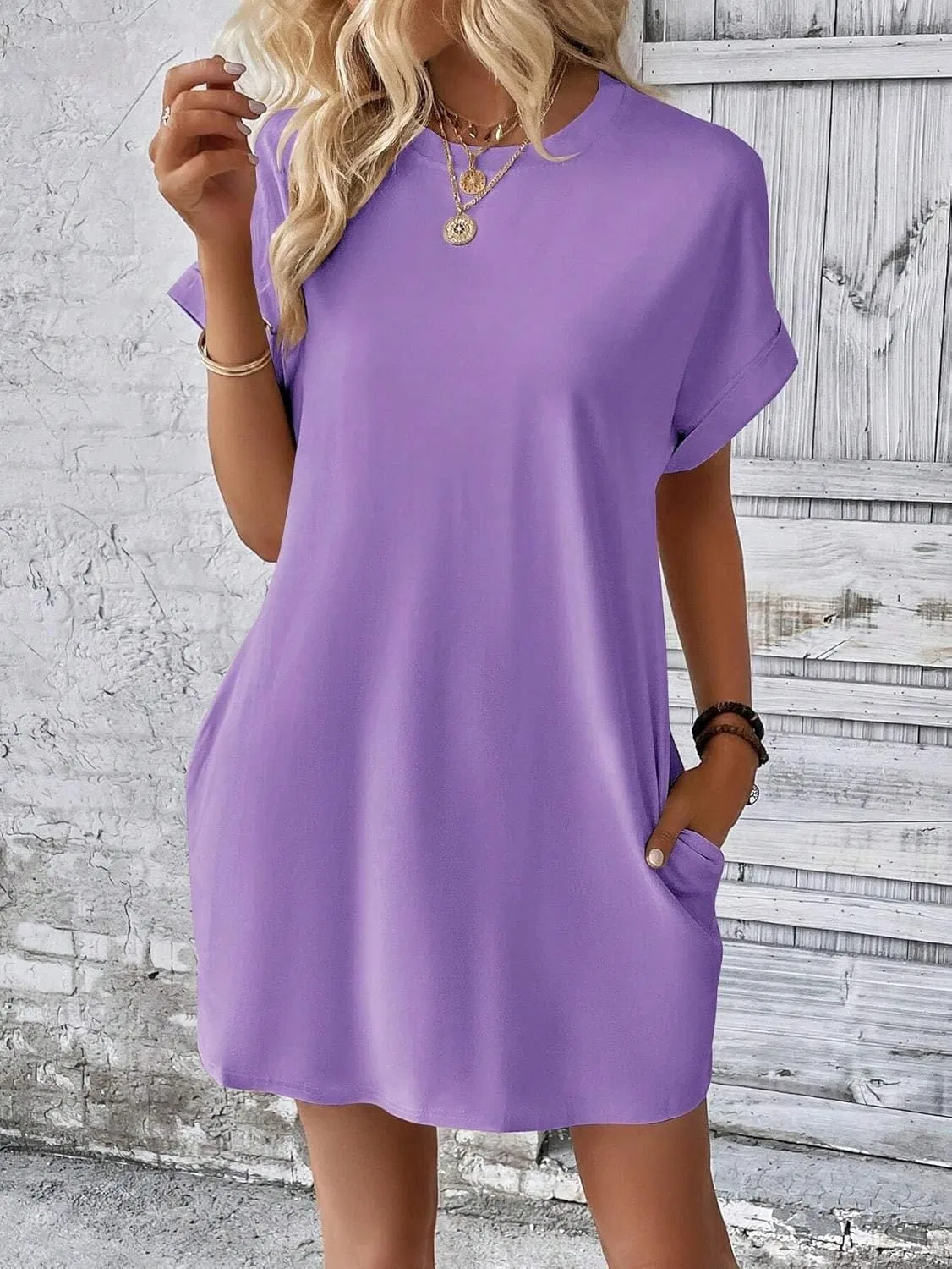 Женское повседневное платье-футболка с карманом, Lilac Purple — фото 3