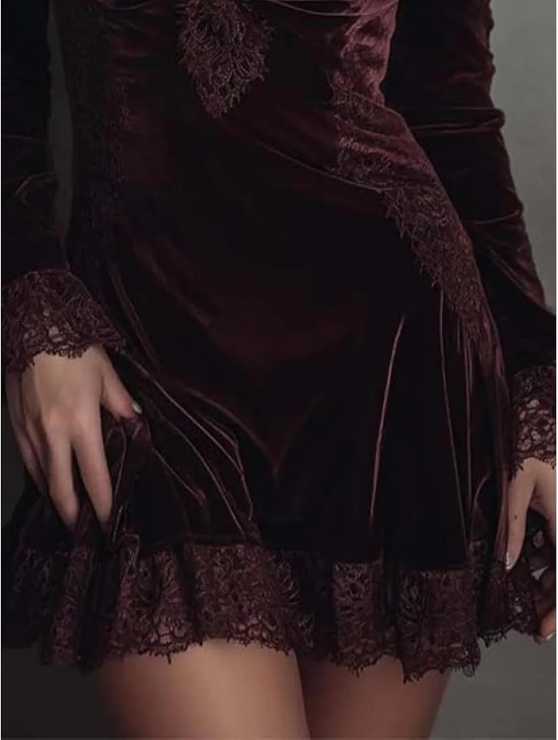 Женское платье с кружевом и воланами из велюра, Long Puff Sleeve Deep V Neck, Wine Red — фото 3