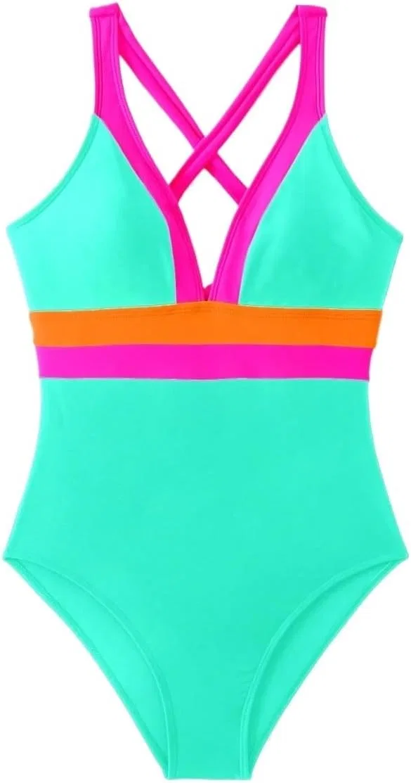 Женский цельный купальник с цветными блоками Plunge Neck, High Stretch, Multicolor