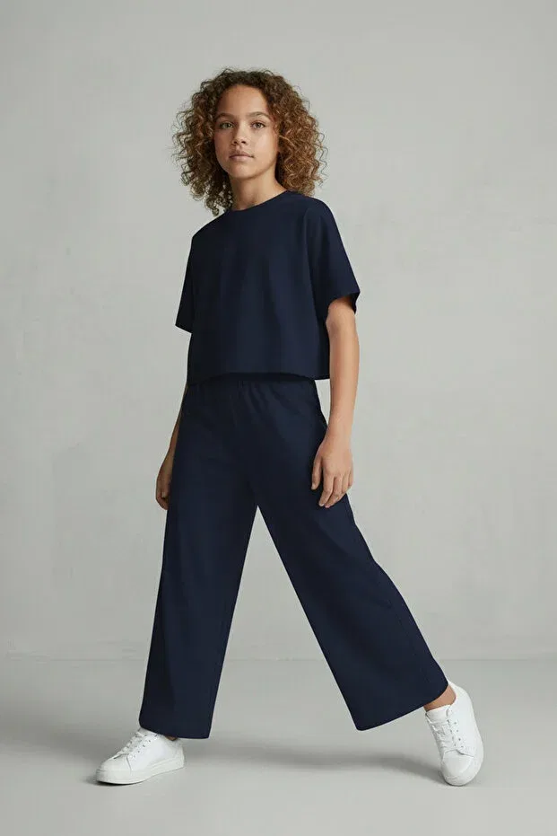 Детские брюки для девочек с принтом Lumy combed cotton girls' wide-leg summer trousers Colorinas, Navy Blue