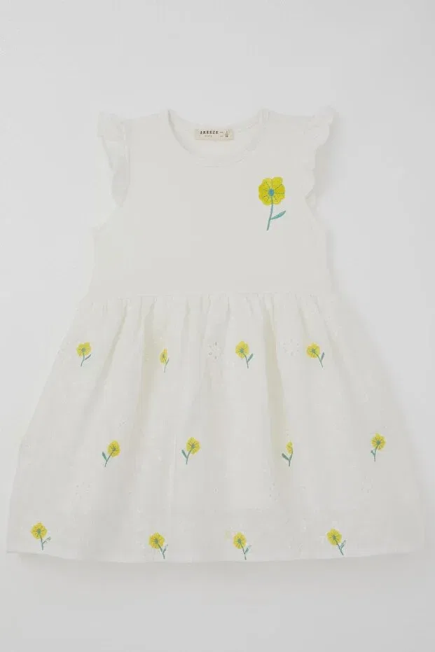 Детское платье для девочек с принтом Girl's dress yellow floral embroidered skirt with lace detail floral Breeze, Ecru — фото 3
