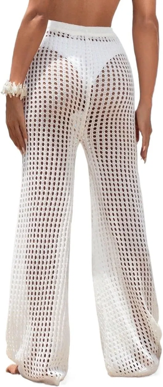 Женский пляжный костюм с вырезами Hollow Out Cover Up Pants, White