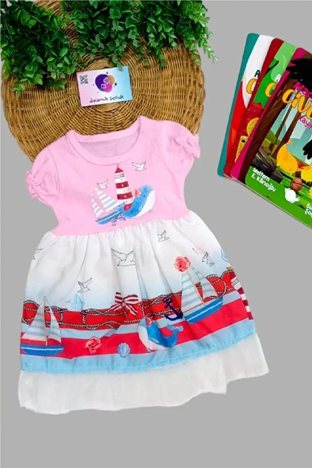 Детское платье для девочек с принтом Nautical print skirt-tip tulle short sleeve dress girl special occasion Dinamik Çocuk, Pink