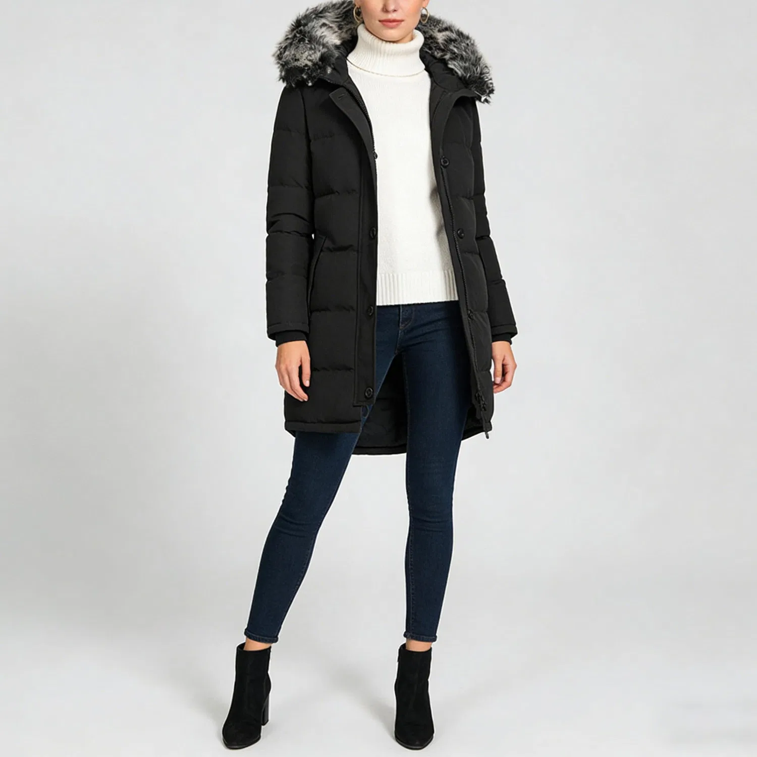 Женская зимняя куртка с принтом, модель Women Winter Padded Coat Thick Snow Jacket Removable Faux Fur Hood Insulated Outerwear, Nero — фото 4