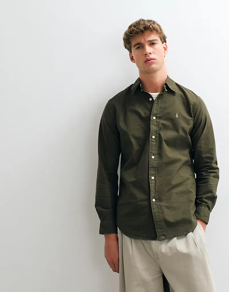 Рубашка-оксфорд Polo Ralph Lauren с логотипом Icon, приталенного кроя, окрашенная в темно-зеленый цвет — фото 4