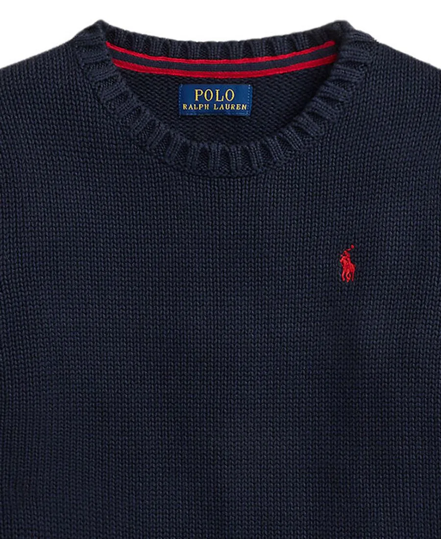 Детский свитер с круглым вырезом, хлопковый, с вышивкой Pony Polo Ralph Lauren, Navy — фото 3