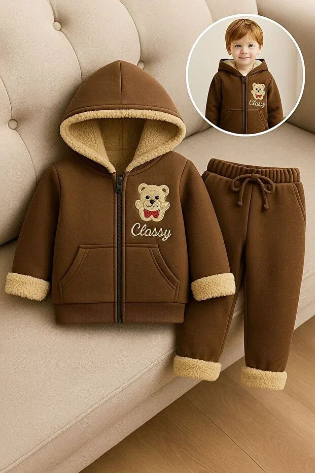 Детский спортивный костюм с капюшоном, с принтом, Winter3 yarn-unisex children's k hooded zippered suit - embroidered teddy bear, furry inside Classy Moda, Brown