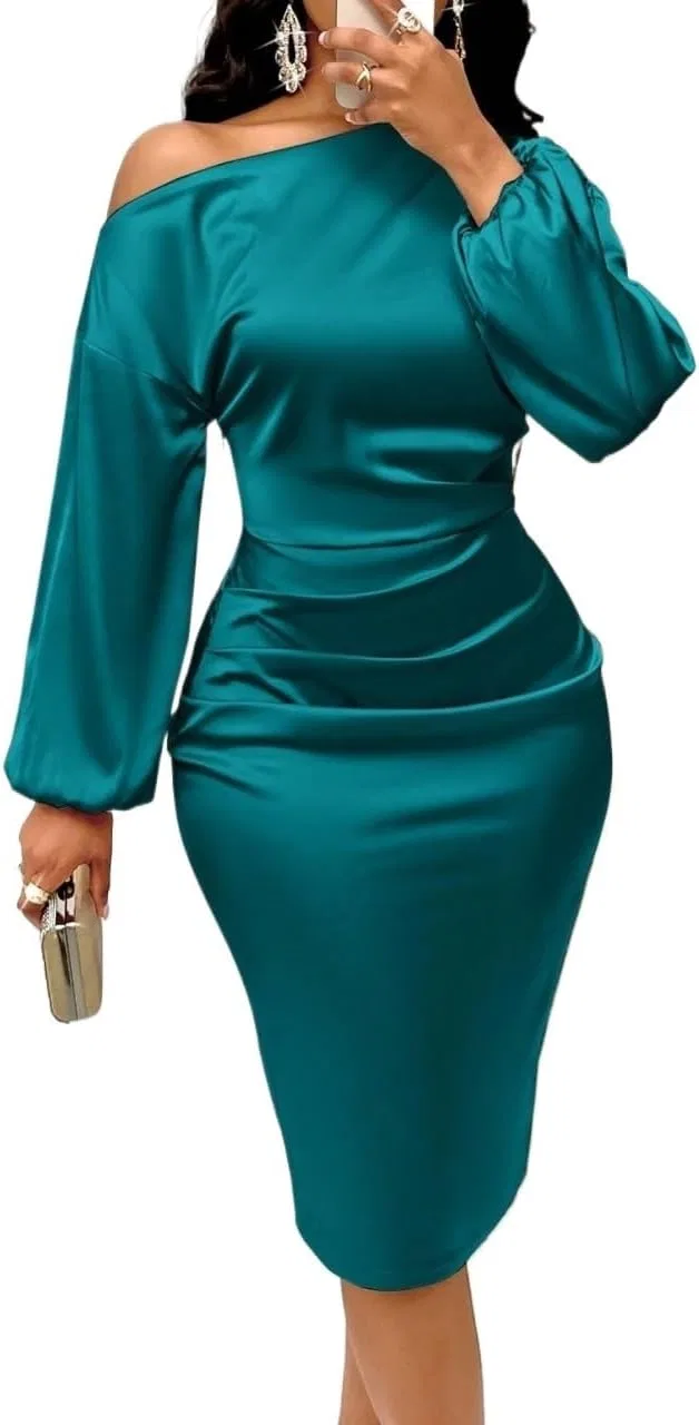 Женское летнее мини-платье с асимметричным вырезом и рукавами-буф Satin, Teal Blue