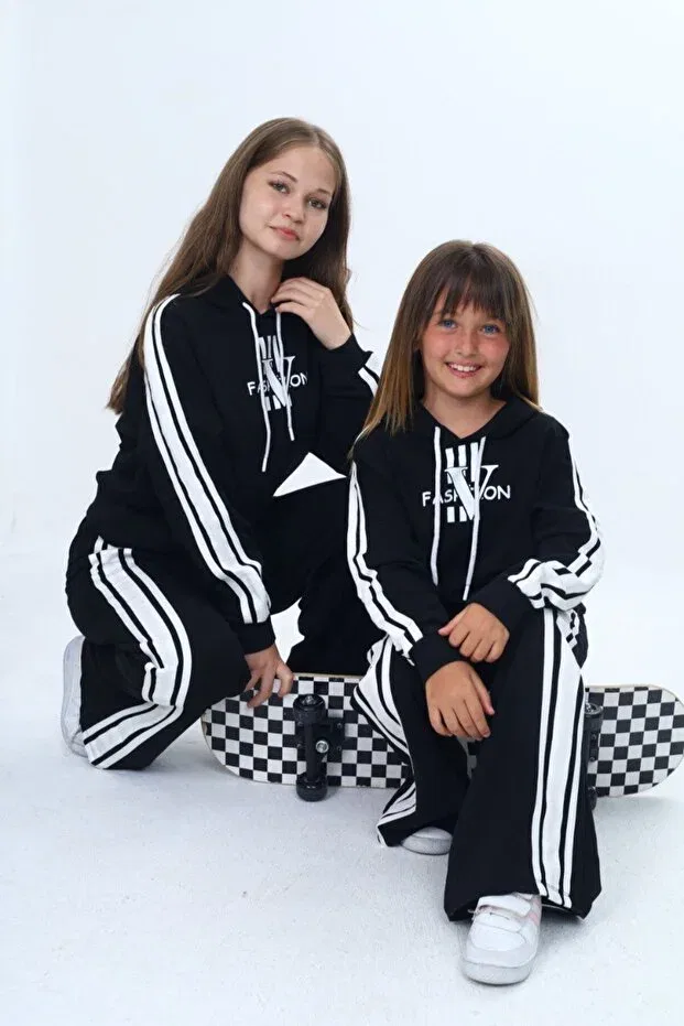 Детский спортивный комплект для девочек оверсайз Oversize 2 thread girls sports bottom & top tracksuit set Joui Co, Black — фото 3
