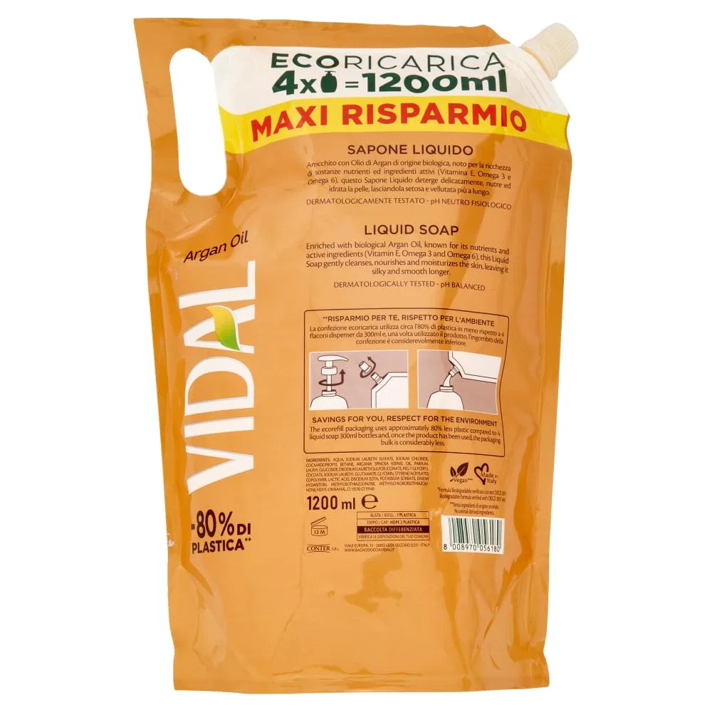 Жидкое мыло с аргановым маслом, эко-заправка 4x300 мл, Beni Culinari, Argan — фото 3