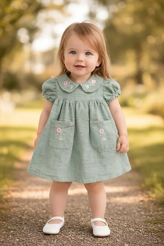 Детское платье для девочек хлопковое Baby Bebe Collar Pocket Embroidered Muslin Dress Nio Lua, Green