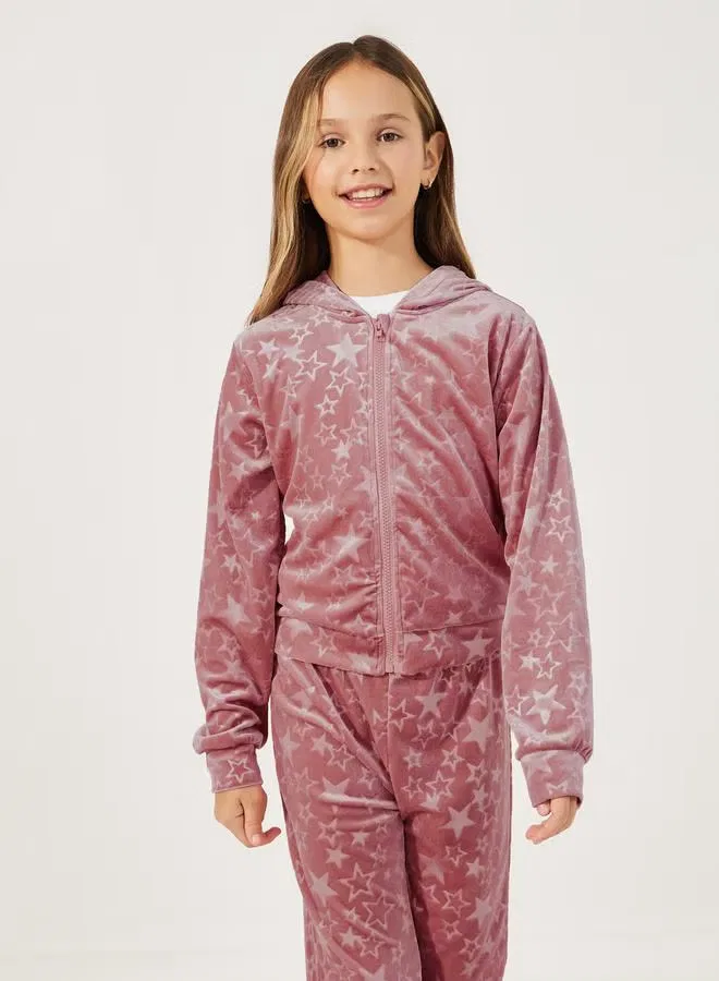 Комплект с звездным принтом на молнии худи и брюки клеш Star pattern zipper front velvet Styli, пыльно-розовый — фото 3