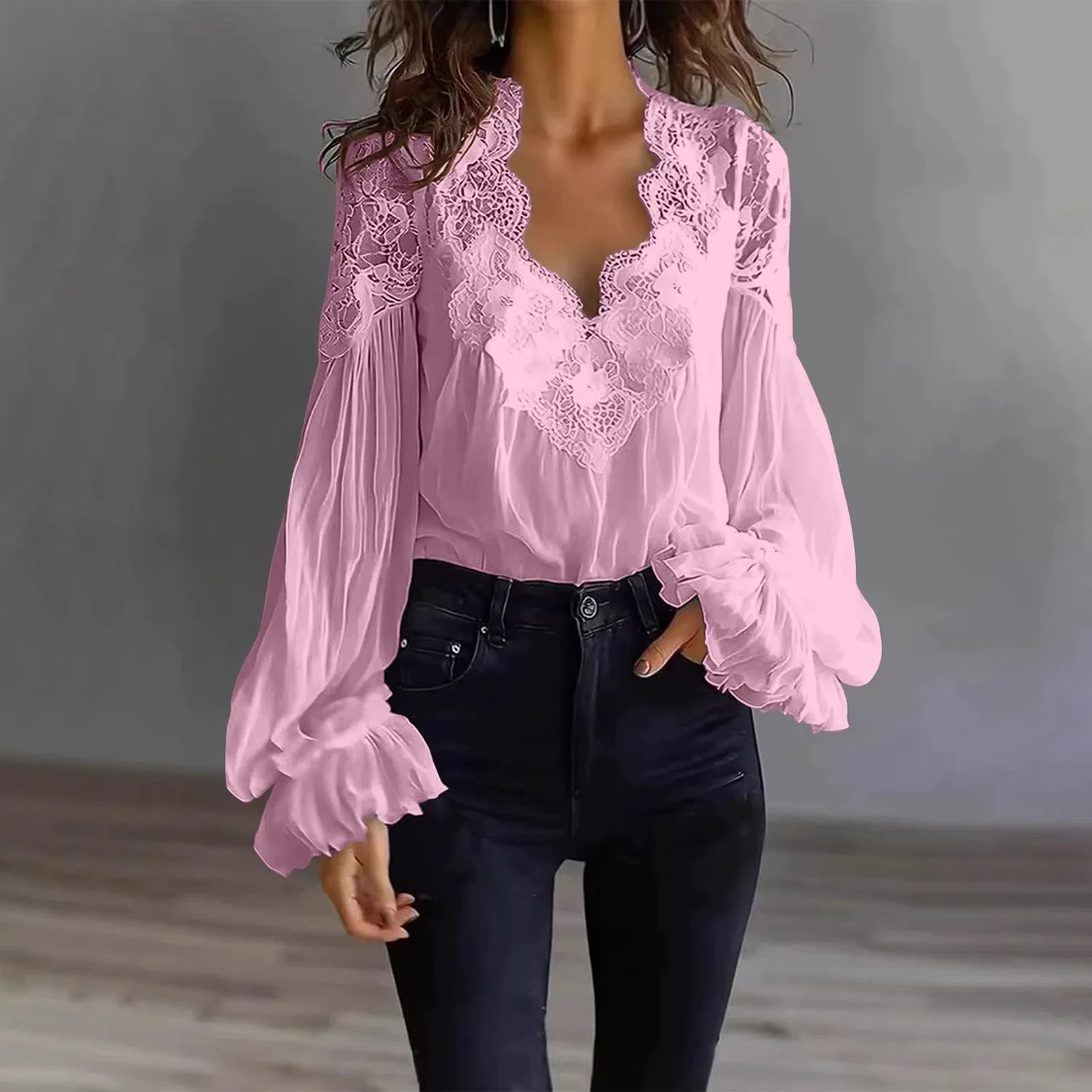 Женская блуза винтажная с колокольчиковыми рукавами HUIFUAO, Z11 Pink — фото 3