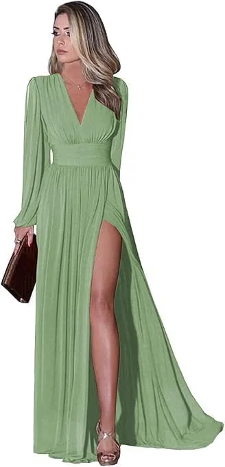 Женское вечернее платье A-силуэта с разрезом Chiffon, Sage Green