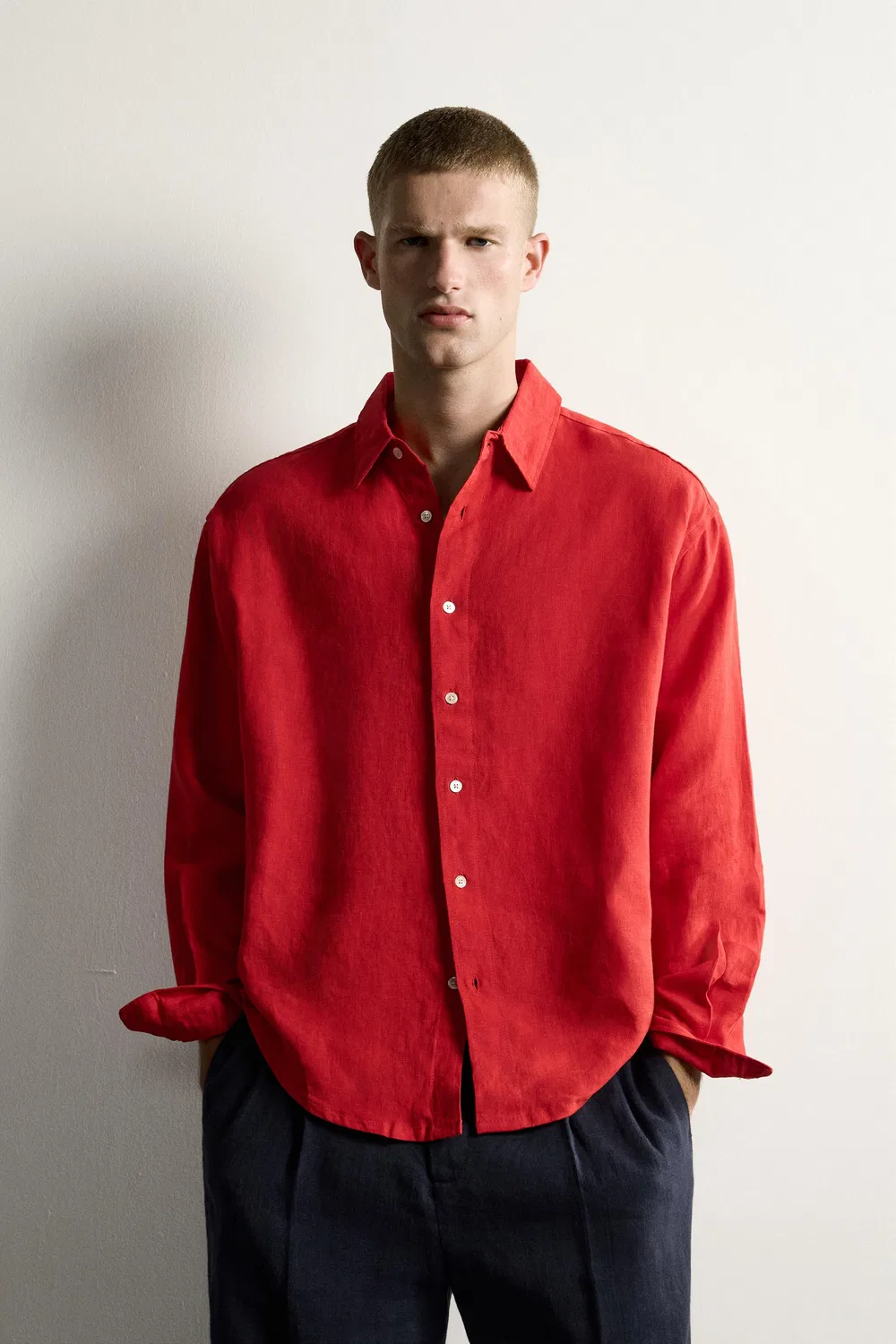 Рубашка свободного кроя из 100% льна. ZARA, Red — фото 2