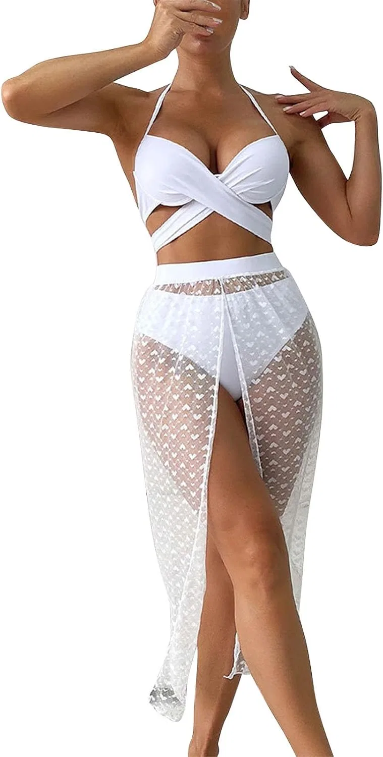 Женский бикини-комплект с завязками на шее и вырезами, Mesh Sarong Wraps, White