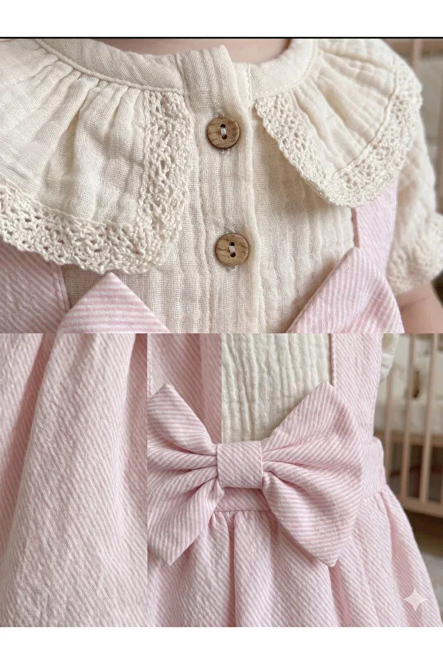 Детское платье для девочек хлопковое Vintage style one-piece baby dress - with bow detail, checkered muslin and gilet look Balımbebe, Pink — фото 4