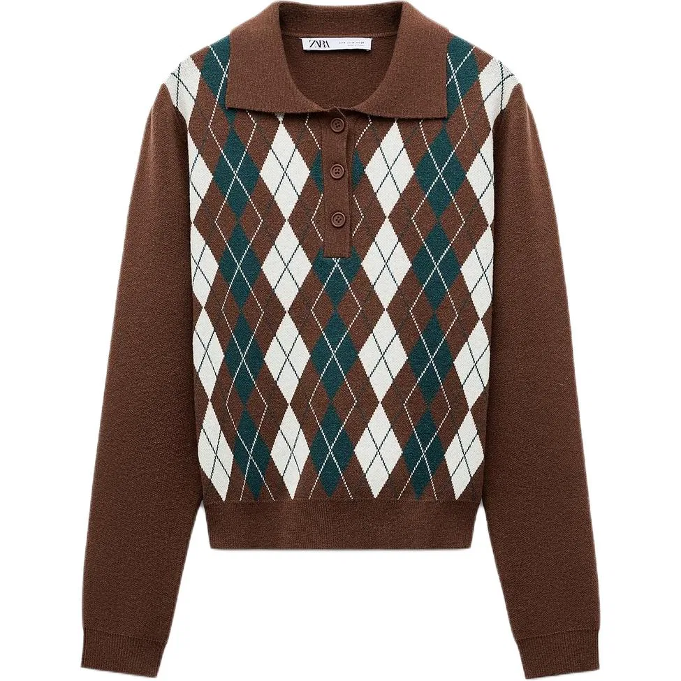 Женский свитер с поло воротником коричневый ZARA, Brown