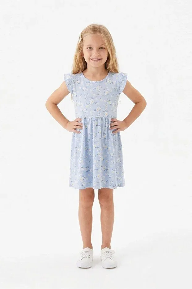 Детское платье для девочек с принтом Blue Daisy Patterned Butterfly Sleeve Bunny Hopp, Blue — фото 4