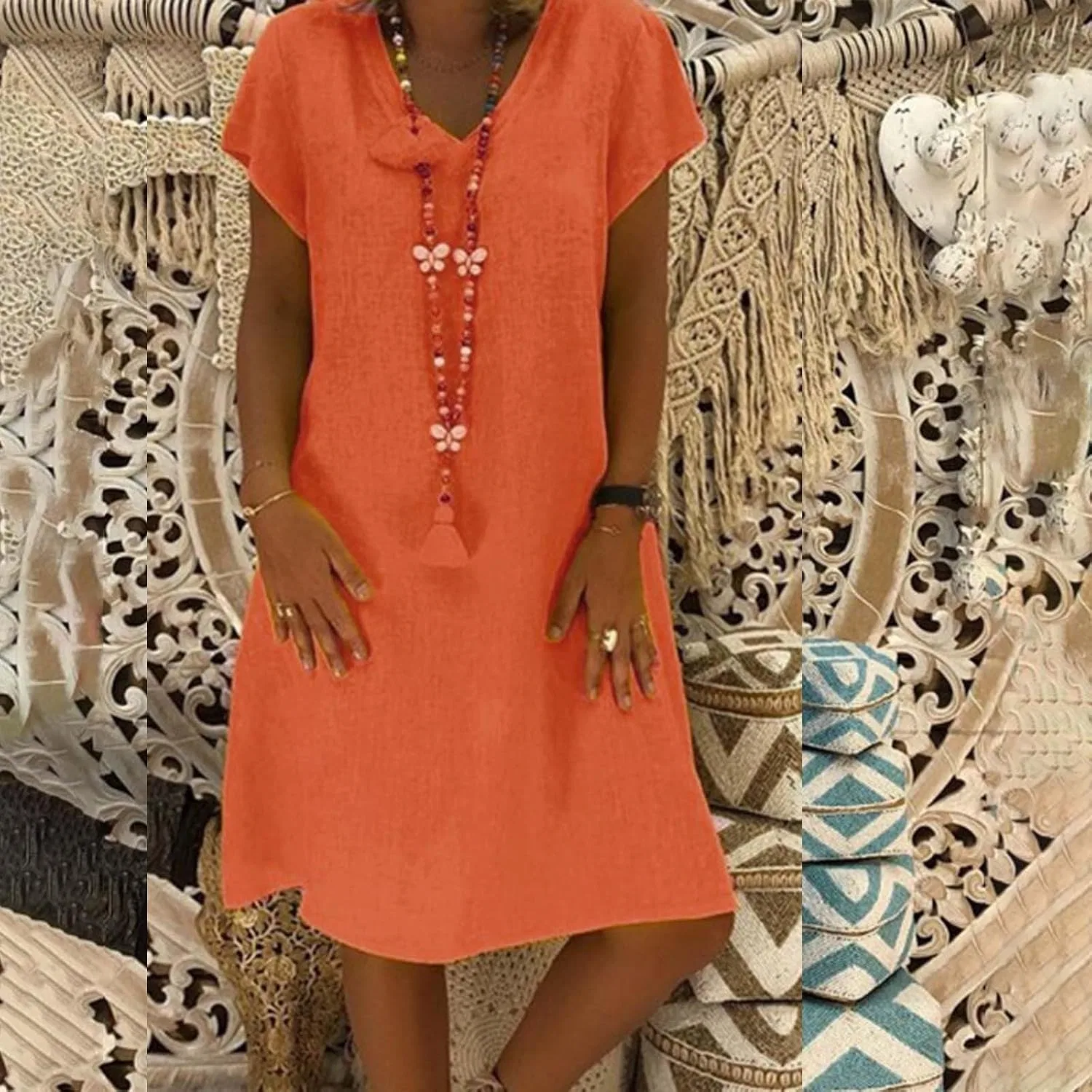 Женское платье миди с V-образным вырезом Cotton Linen, 1d-orange — фото 2