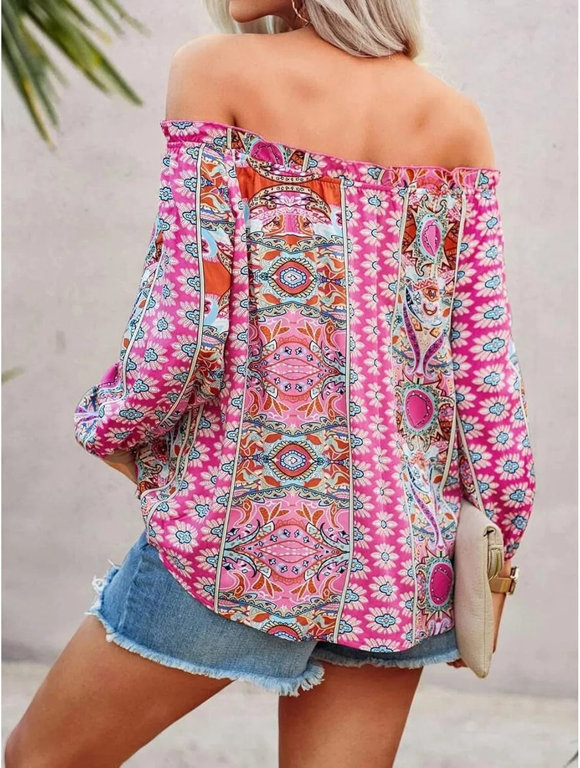 Блуза с цветочным принтом, off shoulder, QREXVOG, розовый — фото 4