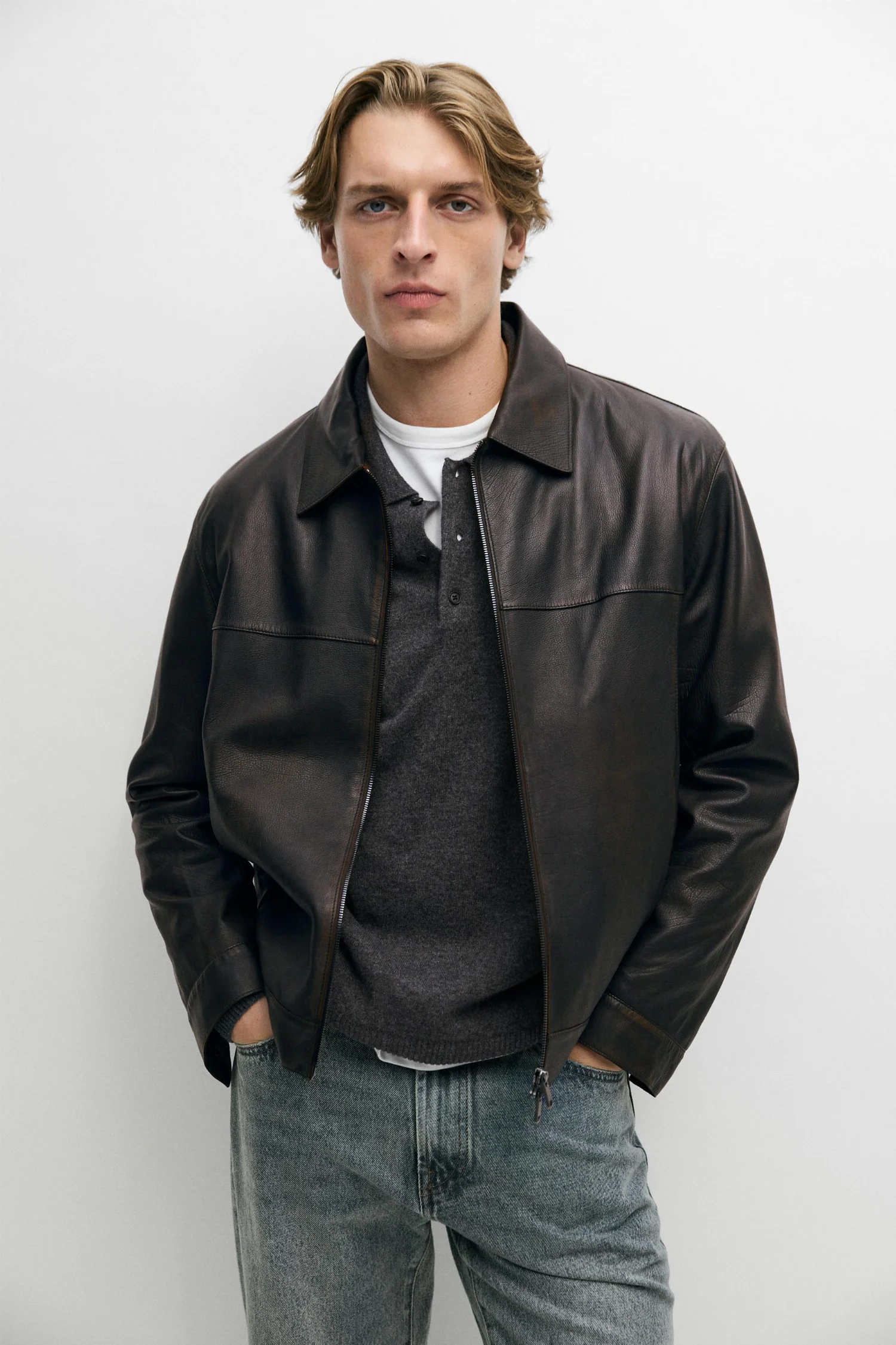 Кожаная куртка Massimo Dutti With Nappa Collar Detail, коричневый — фото 2