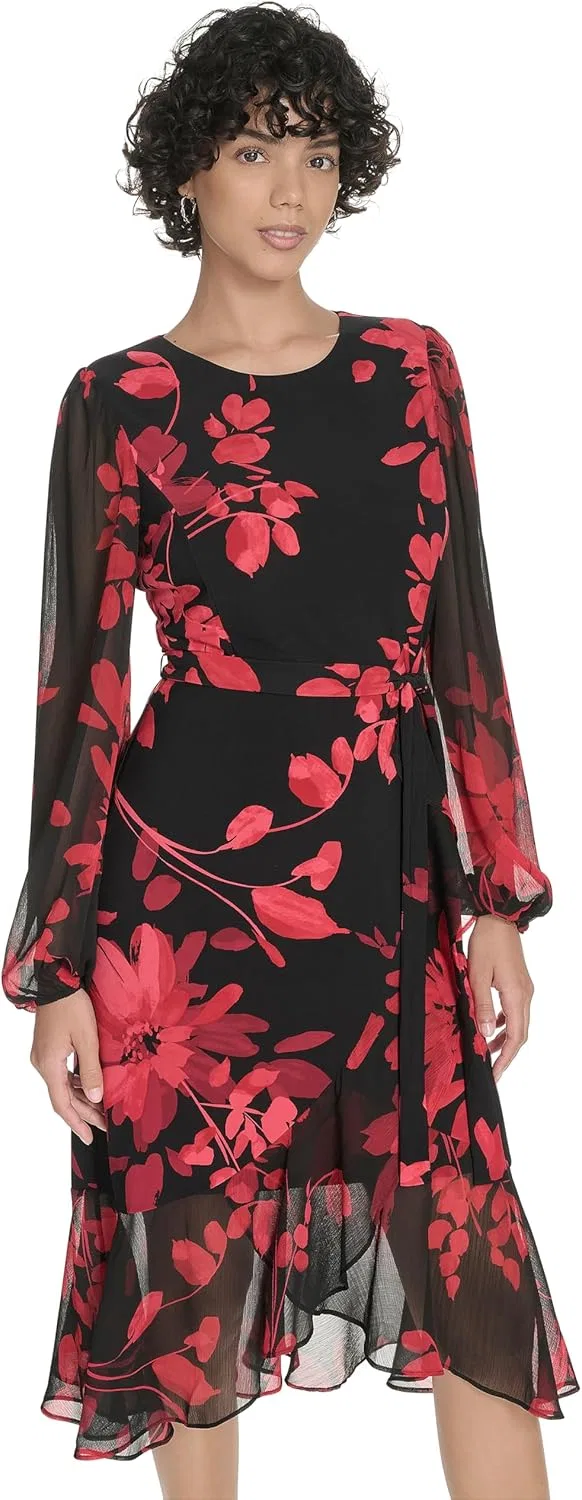 Женское платье миди с длинными рукавами Tommy Hilfiger, Deep Scarlet Multi