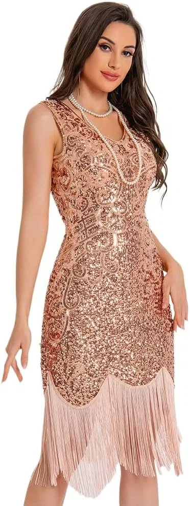 Женское платье без рукавов с принтом, 1920s Gatsby Sequin Fringe Flapper Dress, абрикосовый/золотистый
