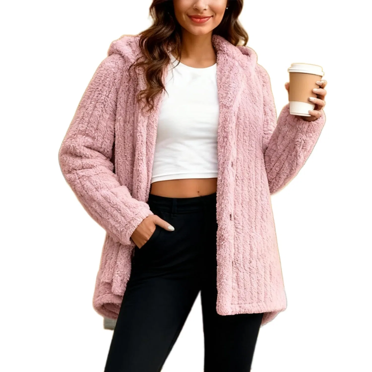 Женское пальто из флиса с капюшоном, оверсайз, на пуговицах, rosa