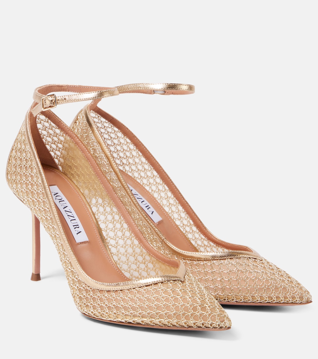 Туфли-лодочки Asha 85 с кожаной отделкой и сеткой Aquazzura, Light Gold