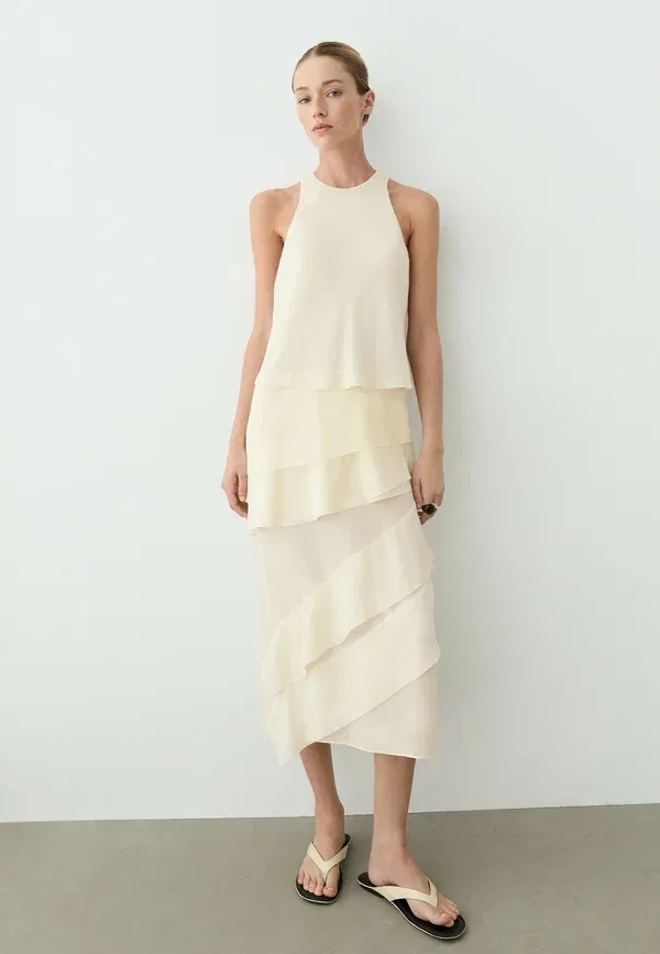Платье миди из вискозы с лиоцеллом Flowing midi dress with ruffles Massimo Dutti, белый — фото 2