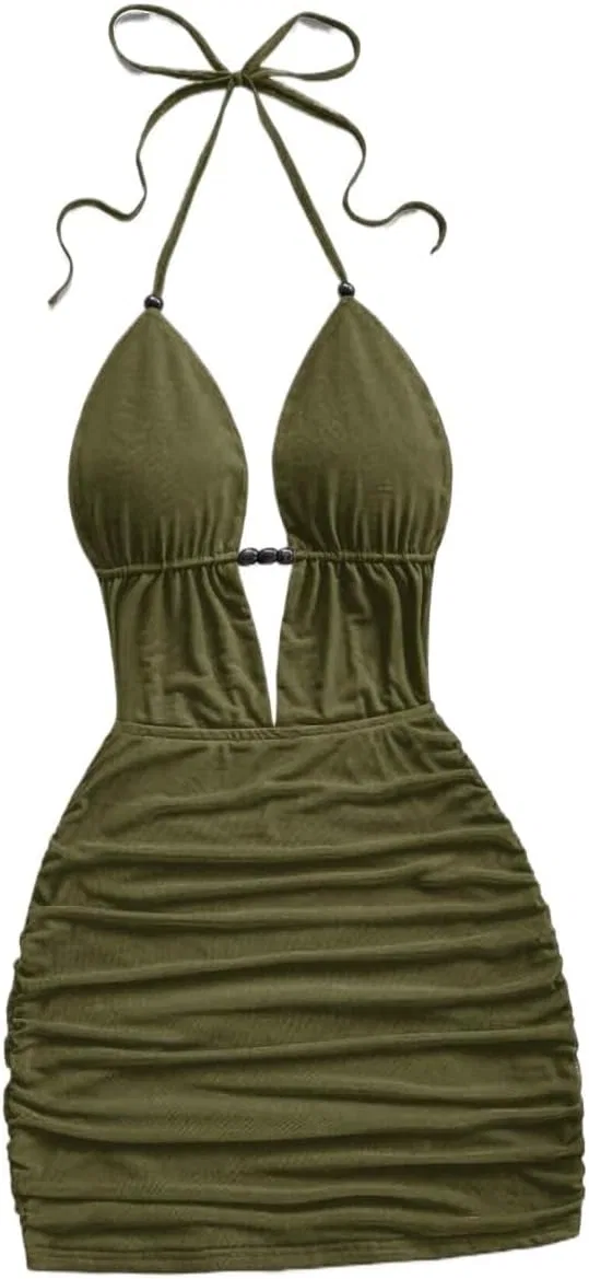 Женское мини-платье bodycon с открытой спиной, Olive Green