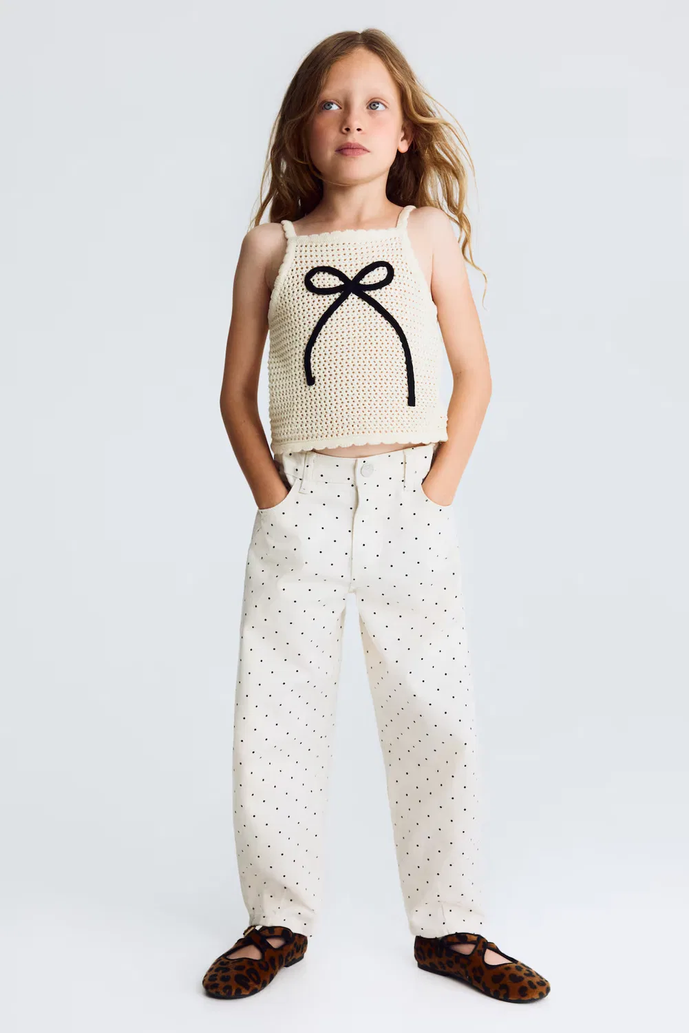 Брюки из хлопчатобумажной саржи с широкими штанинами H&M, Cremefarben/Polka Dots