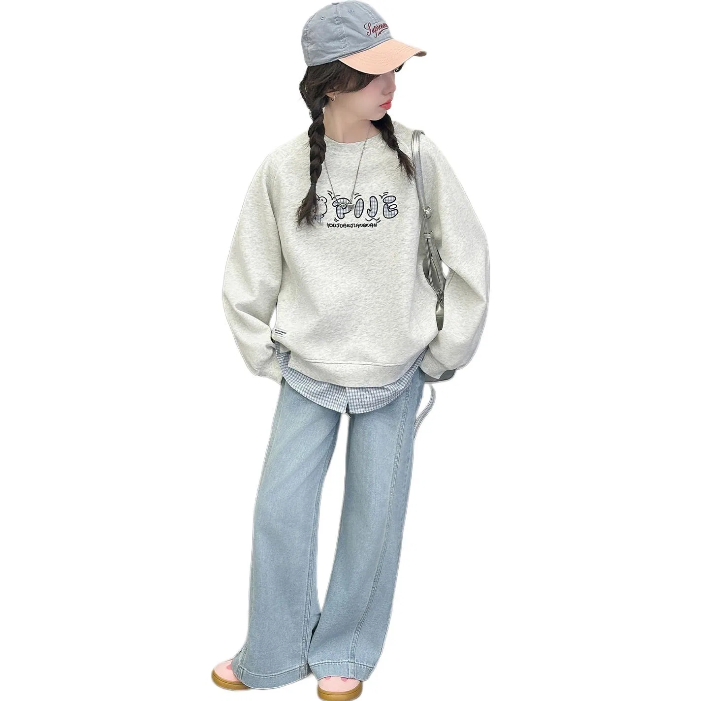 Детский спортивный комплект с топом и джинсами с разрезом спереди MADALLO, Heather Gray Top+Front Split Jeans