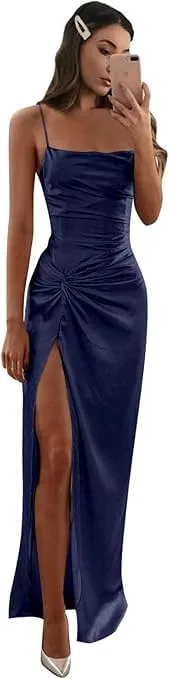 Женское атласное вечернее платье с разрезом, Navy Blue