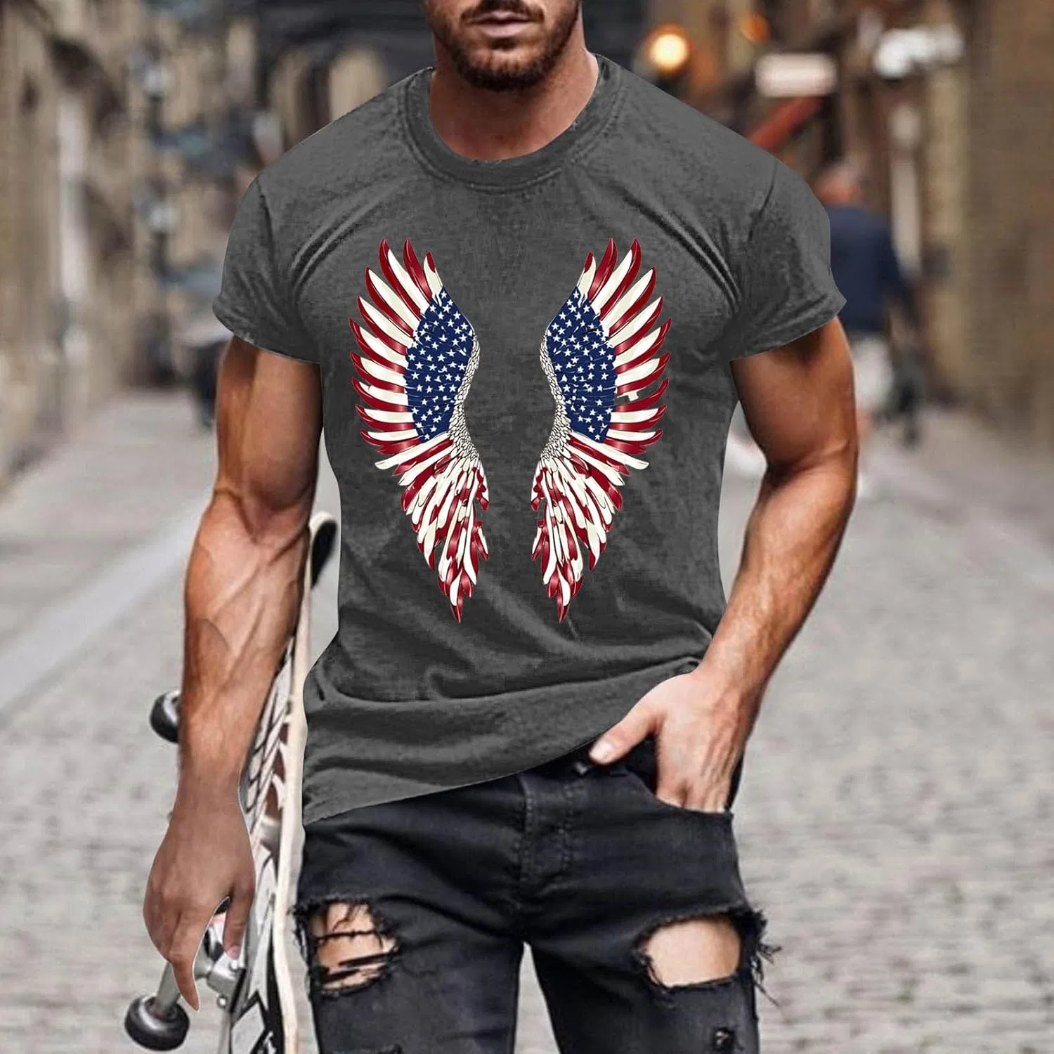 Мужская футболка с графикой American Flag Wings, Dark Gray — фото 2
