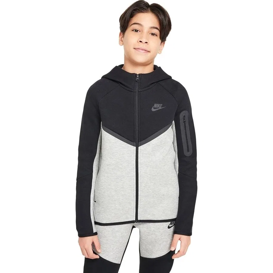 Детский спортивный свитшот с капюшоном Nike Sportswear Tech Fleece Full-Zip Hoodie, Серо-черный