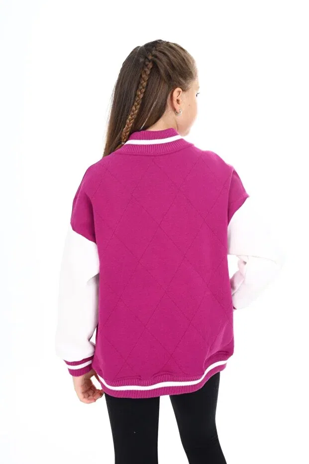 Детский кардиган для девочек с принтом, вышивкой College Collar Snap Closure Pocket Low Shoulder Embroidery Printed Color Block Knitted Toontoy, Plum — фото 4