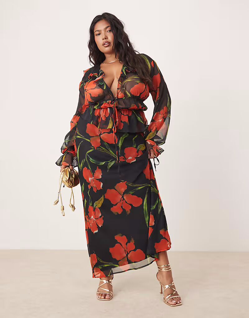 

Юбка макси из шифона с косым кроем от ASOS DESIGN Curve с цветочным принтом
