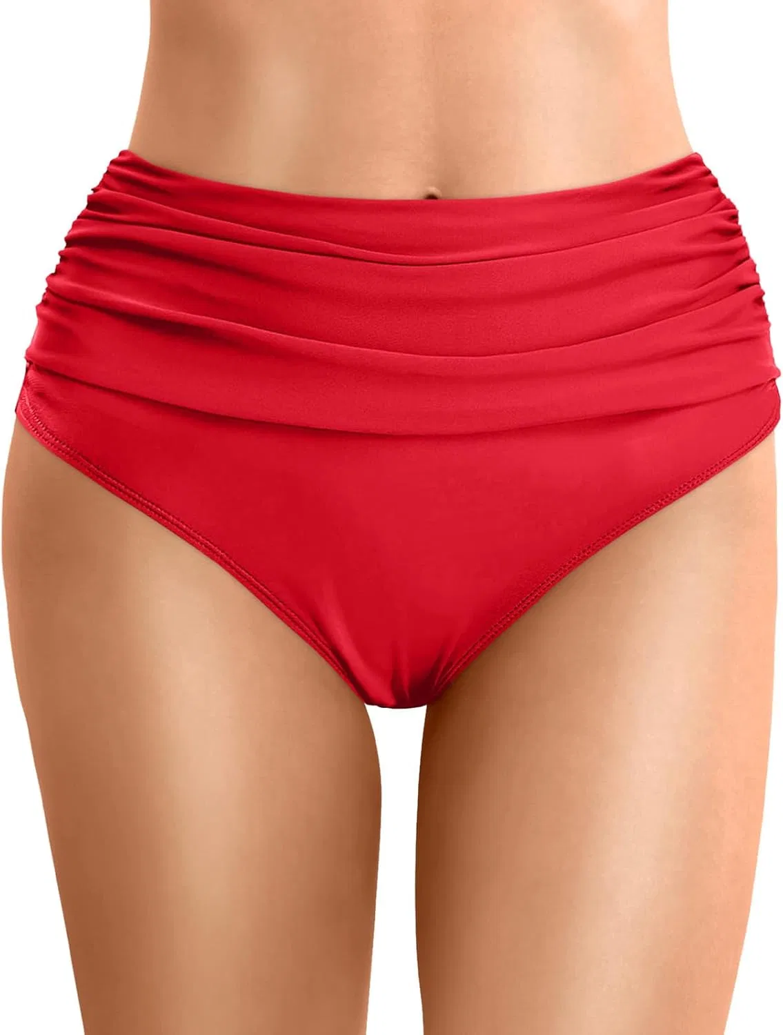 Женские бикини с завышенной талией ruched high waist swim bottoms Generic, Red