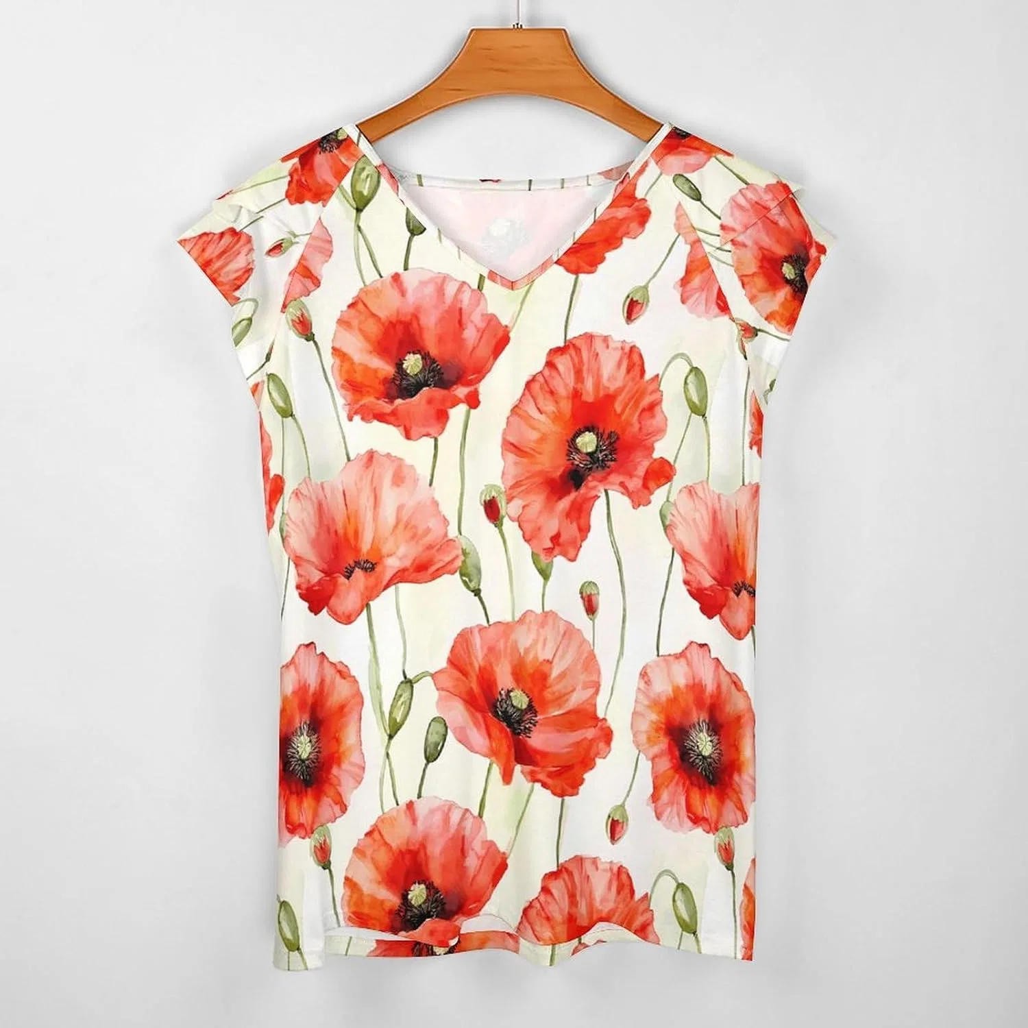 Женская футболка с V-образным вырезом и принтом Red Poppy Flowers Watercolor — фото 3