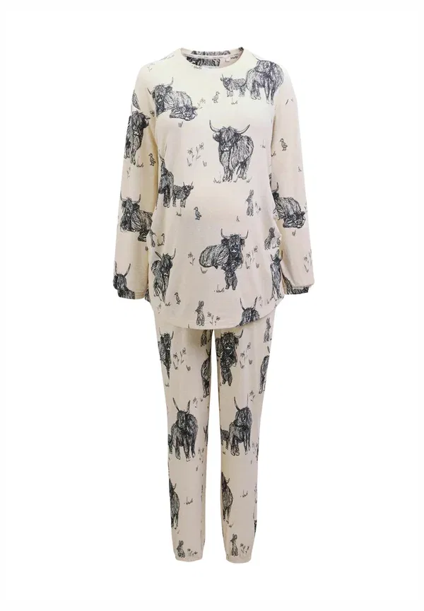 Пижама с принтом Tall fit - maternity cosy long sleeve set - pyjamas Next, Oatmeal Hamish the Highland Cow, овсяный
