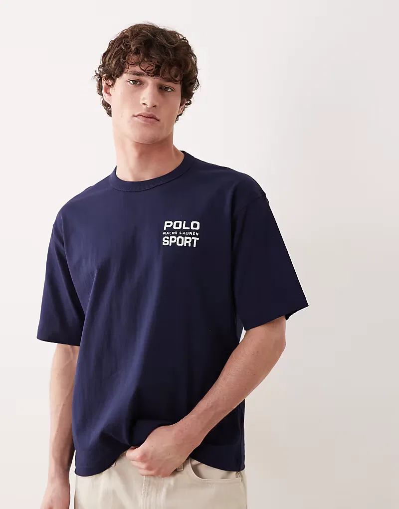 Спортивная футболка Polo Ralph Lauren свободного кроя из плотной ткани с принтом на спине, темно-синий — фото 3