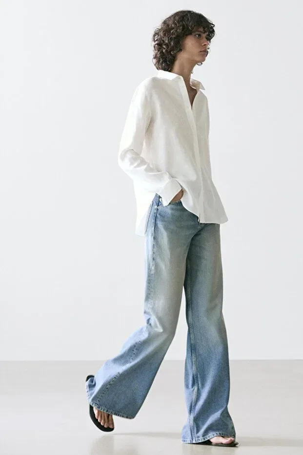 Женская рубашка из льна с длинным рукавом Massimo Dutti, White — фото 3