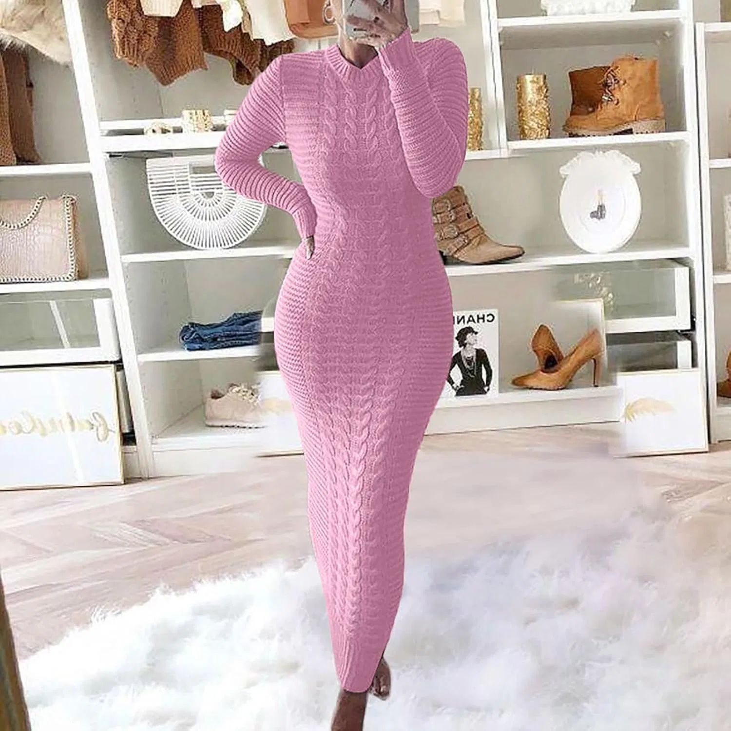 Женское вязаное платье-макси с кабельным узором, Pink — фото 2
