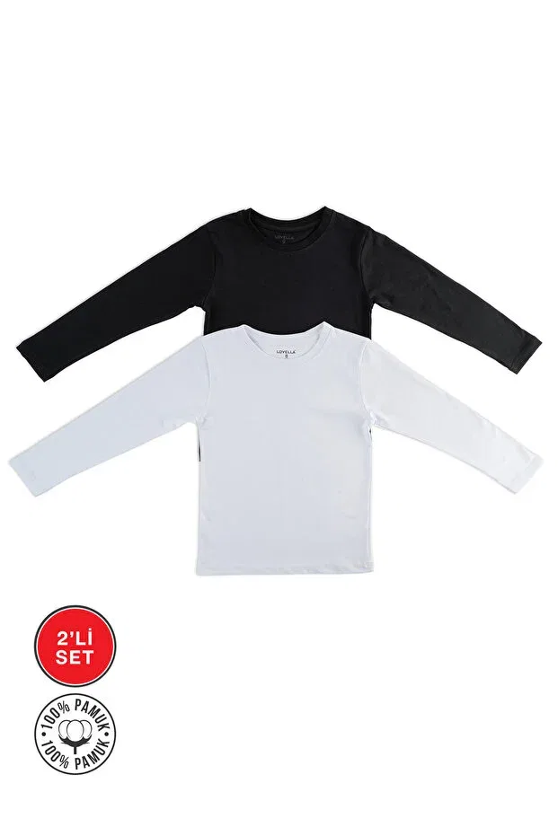 Детский комплект футболок с длинным рукавом Unisex girls and boys crew neck long sleeve set of 2 badi t-shirts white and black Lovella, White