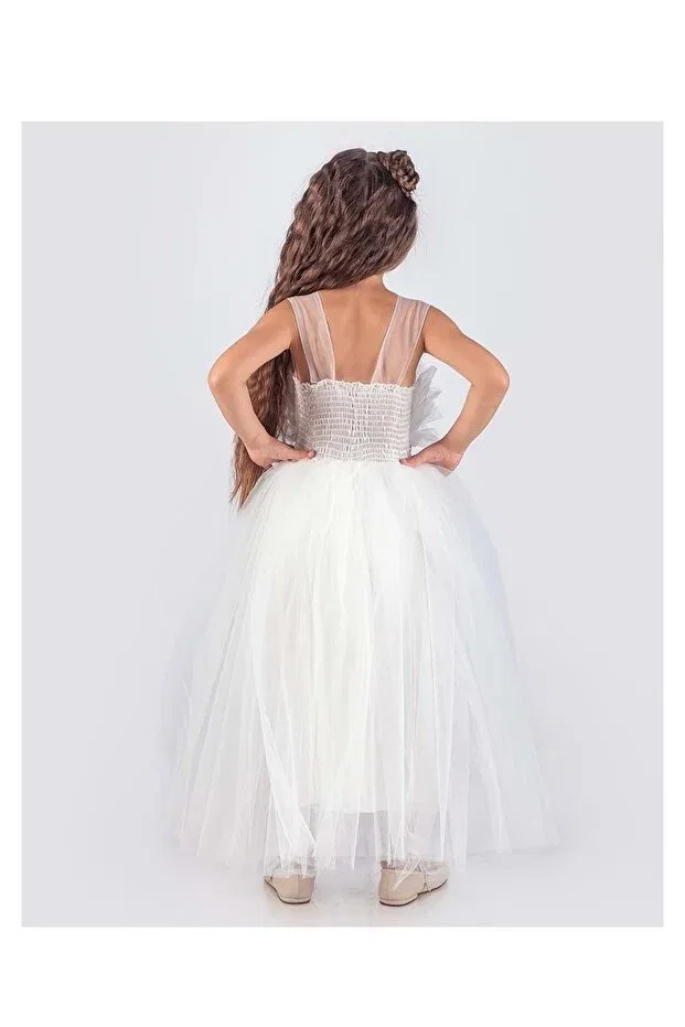 Детское платье для девочек сатиновое Sapes model back gipeli tulle girls' strappy satin evening dress mnk0618 Mnk Baby&Kids, White — фото 2