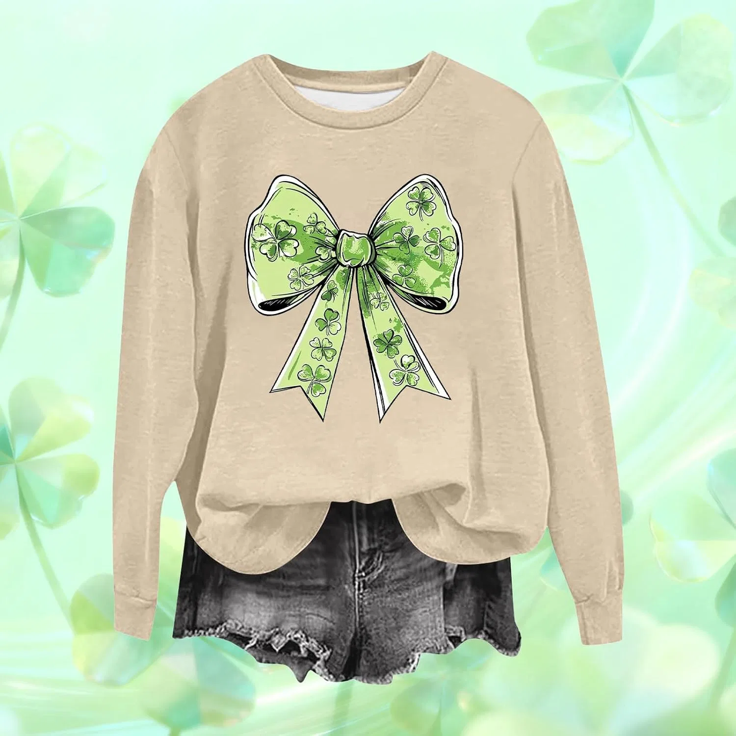 Женский свитшот с принтом клевера Lucky Clover Print, бежевый — фото 2