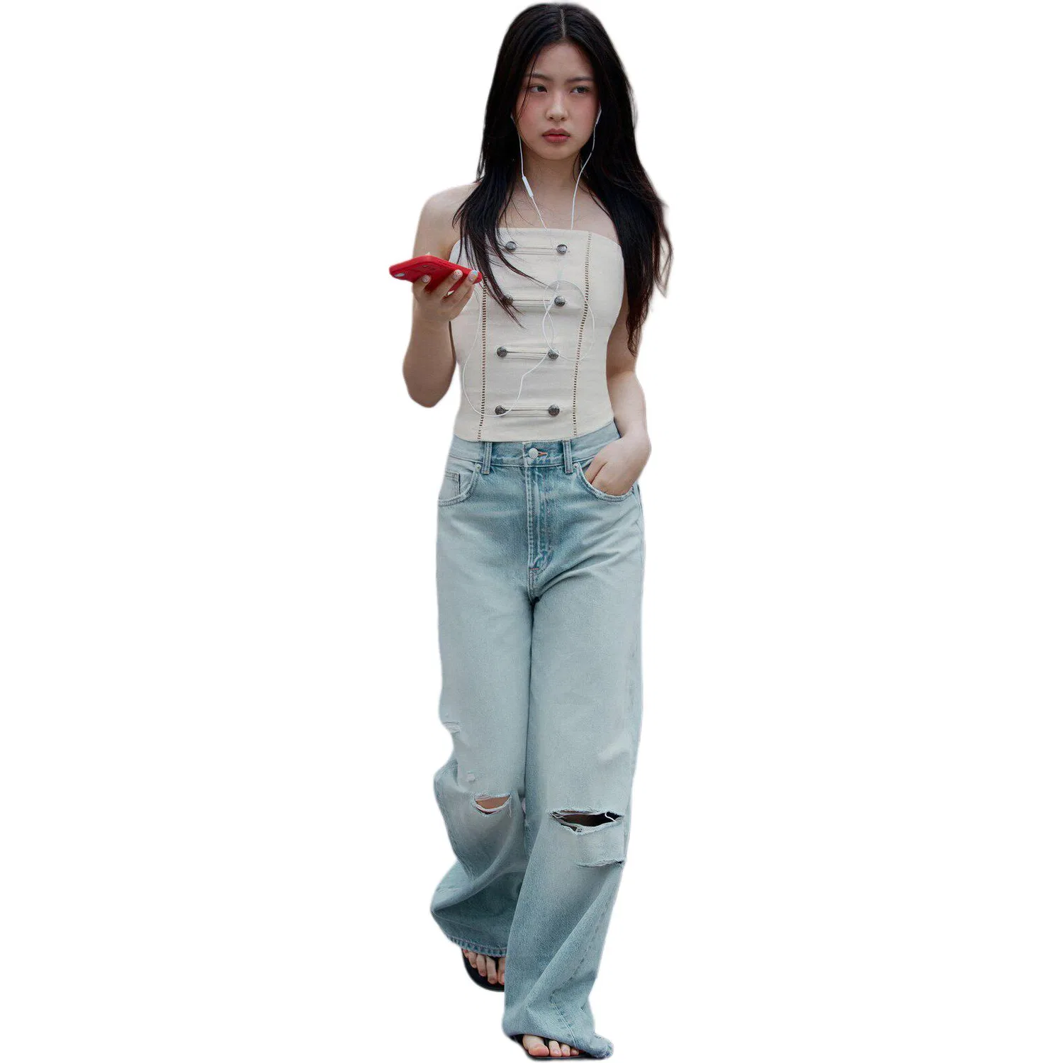 Женские джинсы свободного кроя с широкой штаниной ZARA, Ecru/Light Blue/Red — фото 4