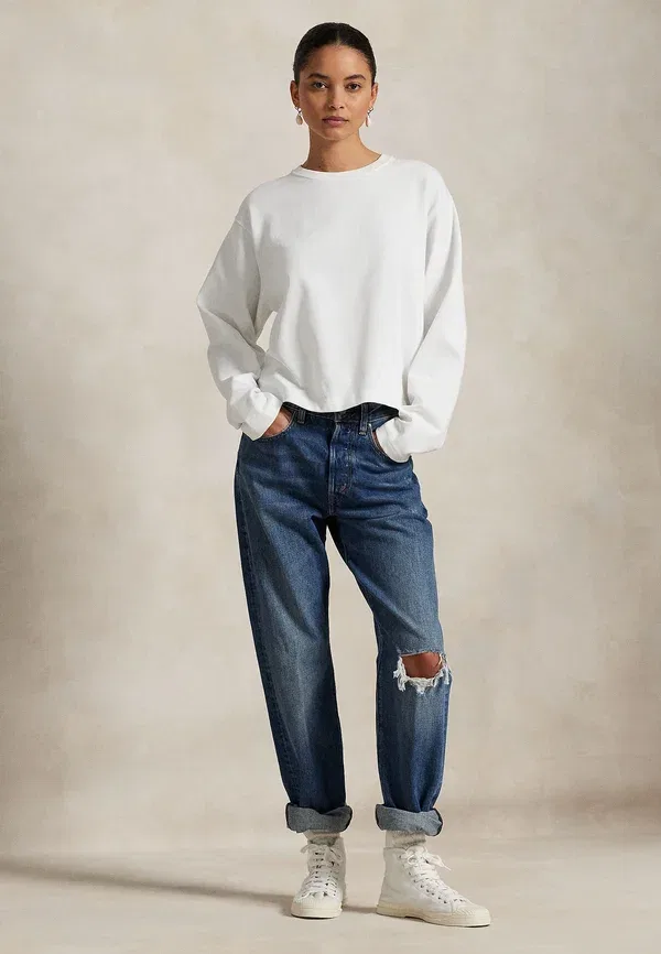 Футболка с длинным рукавом хлопковая Cropped cotton jersey long sleeve tee Polo Ralph Lauren, белый — фото 4